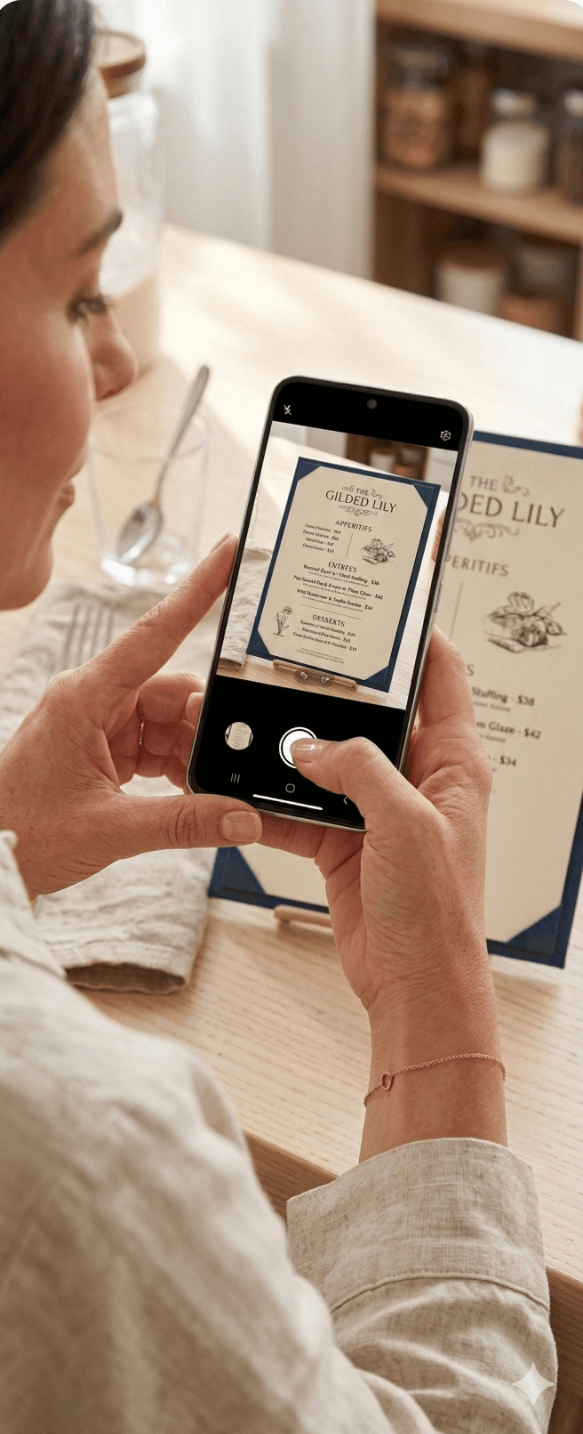 GD Lens AI Menu Scanner — woman photographing a restaurant menu to get GD-friendly options